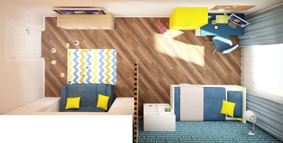 Интерьер детской комнаты 18 кв.м в желтых и синих тонах, кровать, синий диван, стол, тумба под ТВ, стеллаж