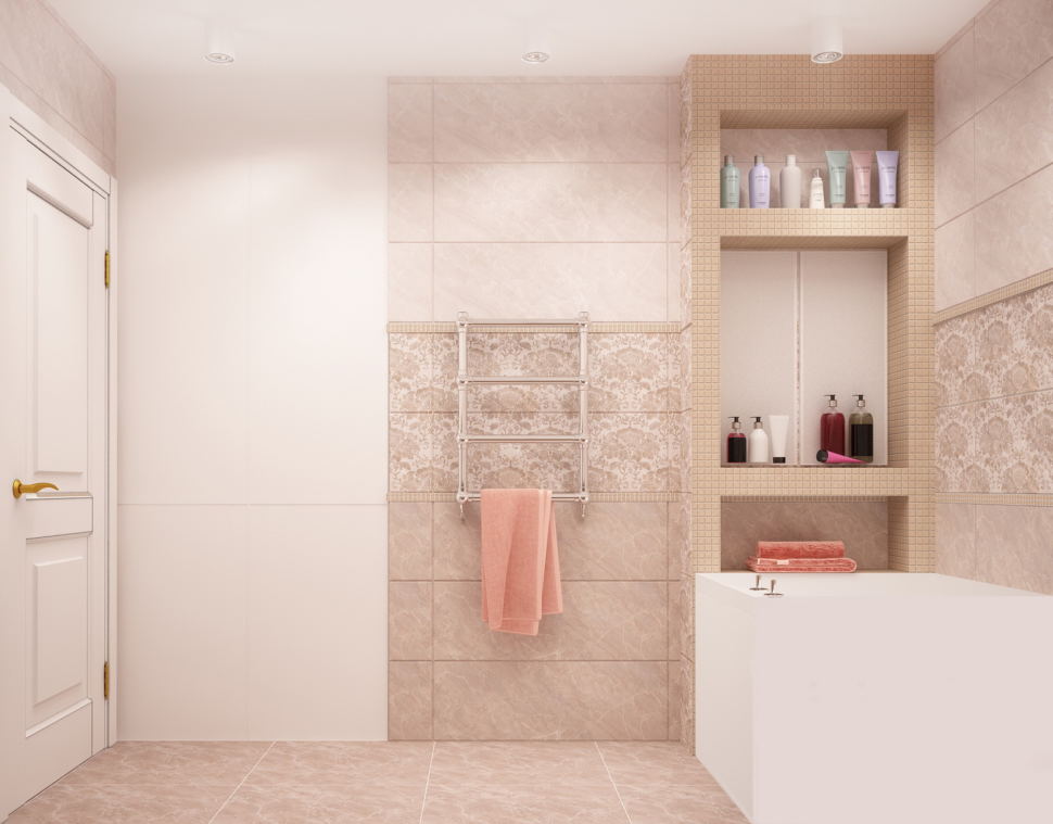 Визуализация ванной комнаты 6 кв.м в светлых оттенках, ванна, керамическая плитка, тумба под дерево, зеркало, раковина