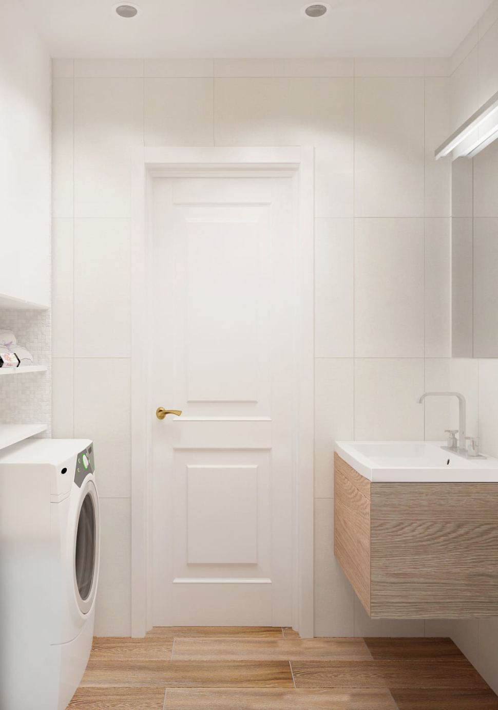 Дизайн-проект ванной комнаты 3 кв.м в древесных и белых оттенках, стиральная машинка, подвесная тумба, раковина, зеркало, шкаф